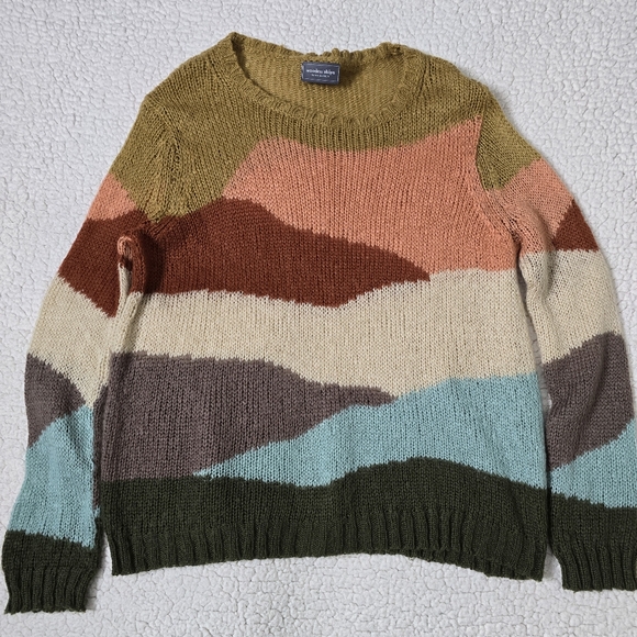 Wooden Ships Boho Mohair Wool Blend Landscape Print Striped Sweater Size S/M - Picture 2 of 13